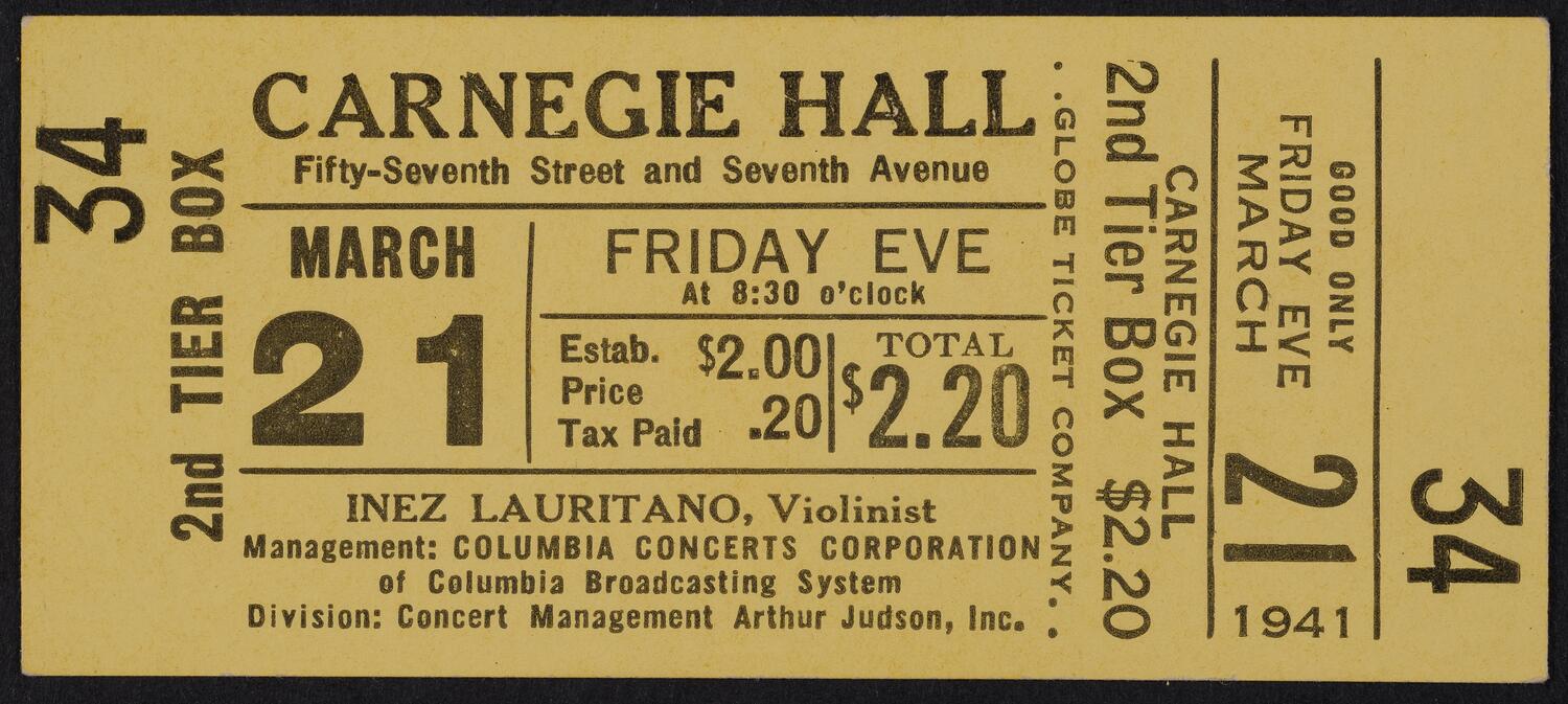 Ticket for Inez Lauritano, March 21, 1941 (front)
