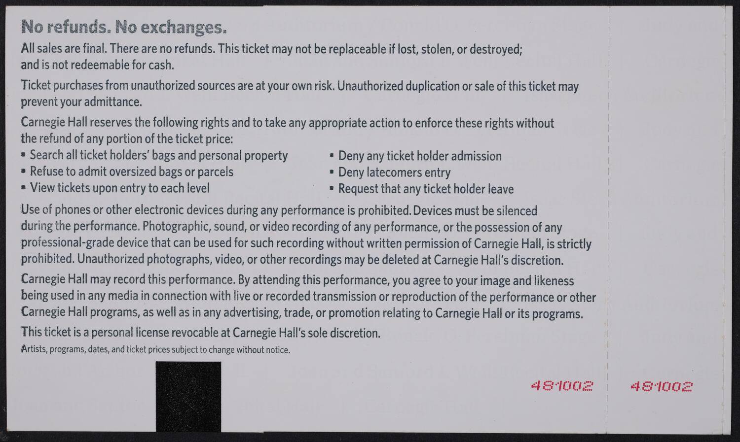 Ticket for Carnegie Hall's Opening Night: The Cleveland Orchestra, October 3, 2019 (back)