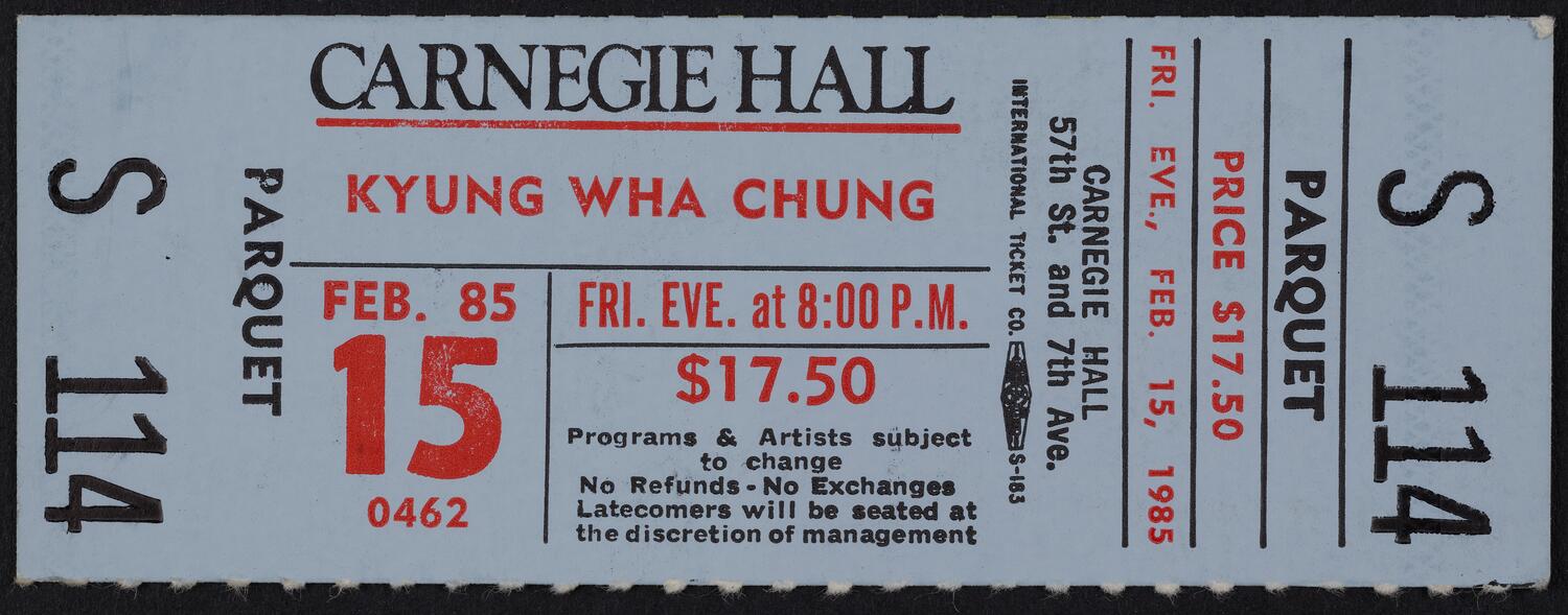 Ticket for Kyung Wha Chung, February 15, 1985 (front)