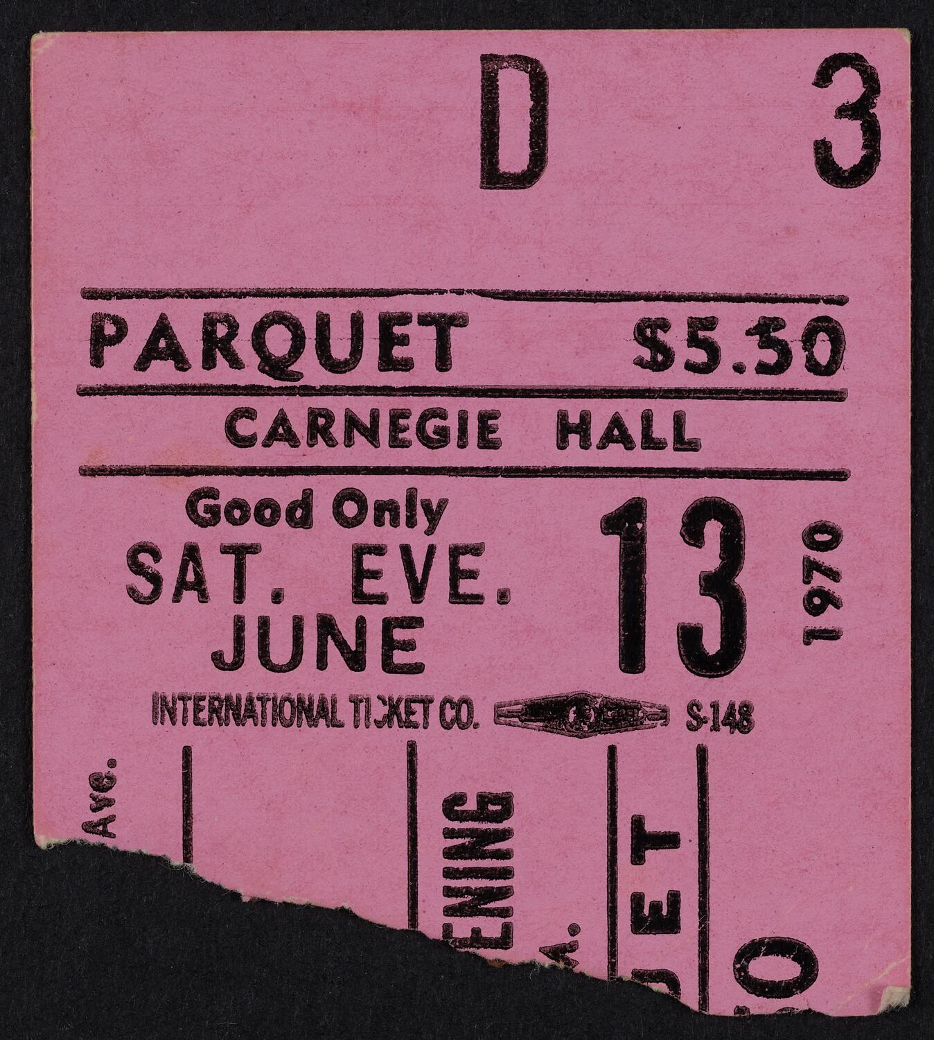 Ticket for Melanie, June 13, 1970 (front)