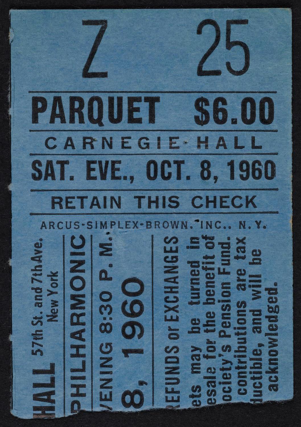 Ticket for New York Philharmonic, October 8, 1960 (front)