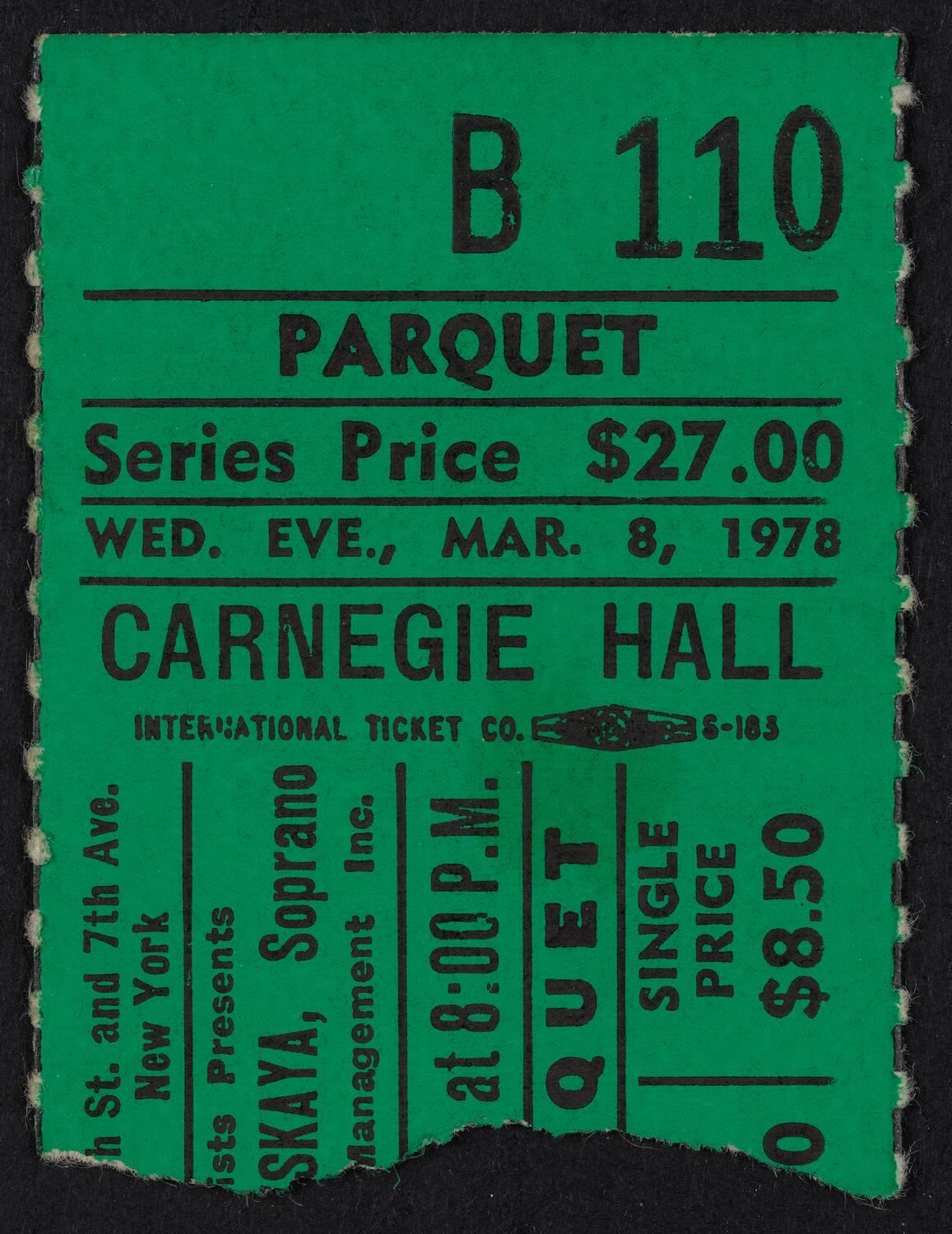 Ticket for Galina Vishnevskaya and Mstislav Rostropovich, March 8, 1978 (front)
