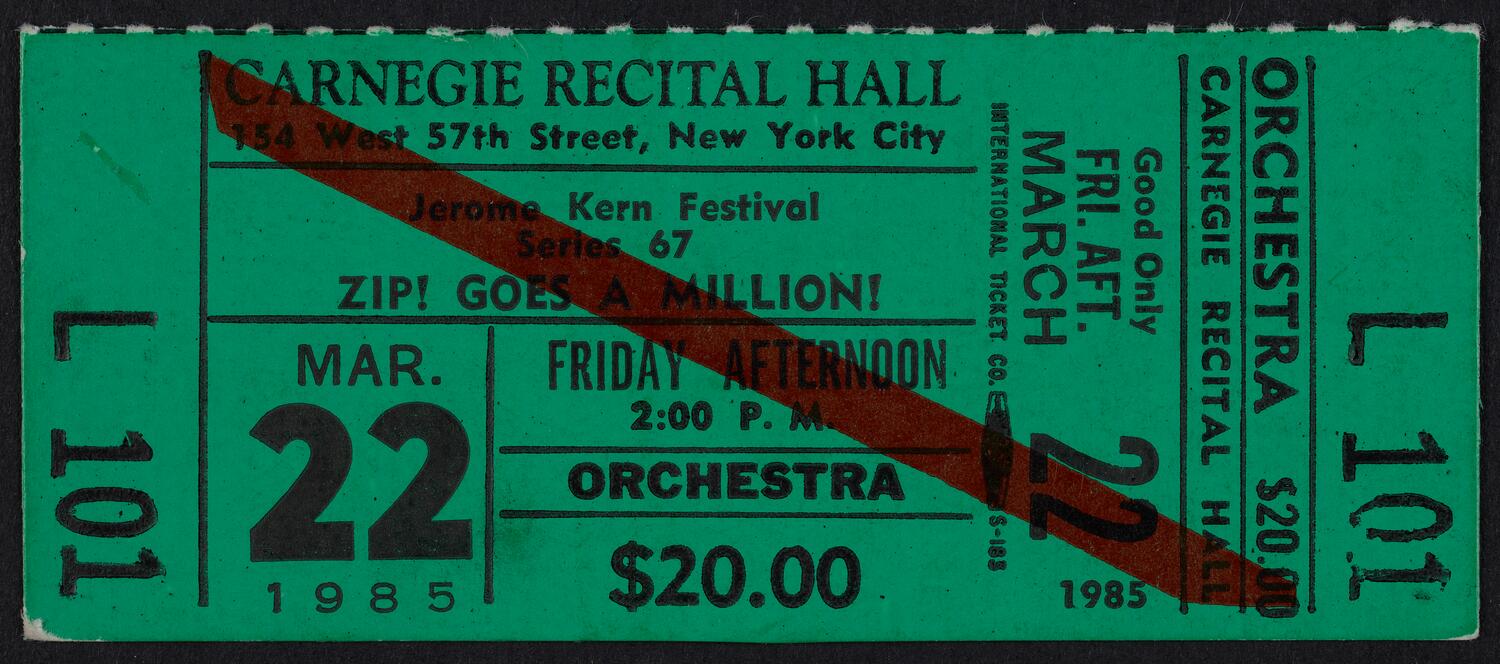 Ticket for Zip! Goes a Million!, March 22, 1985 (front)
