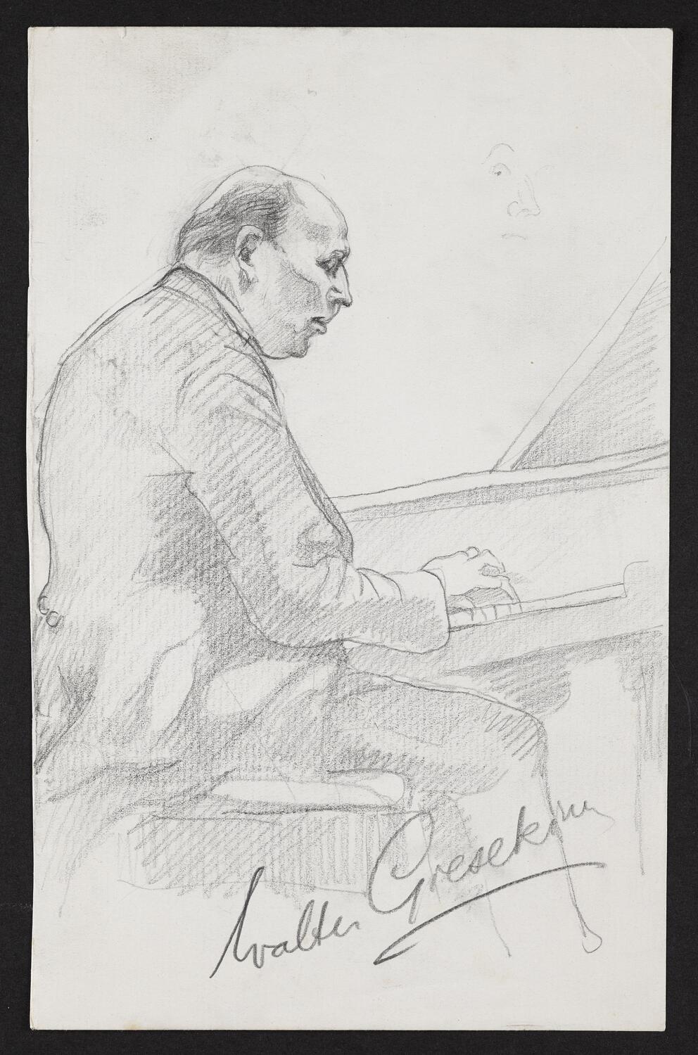 Close up sketch of Walter Gieseking playing piano, in profile facing right