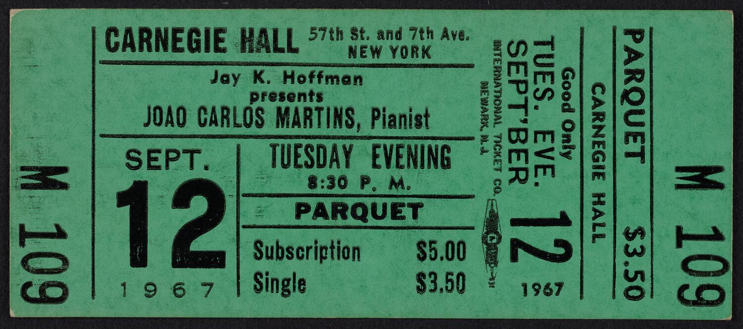 Ticket for João Carlos Martins, September 12, 1967 (front)