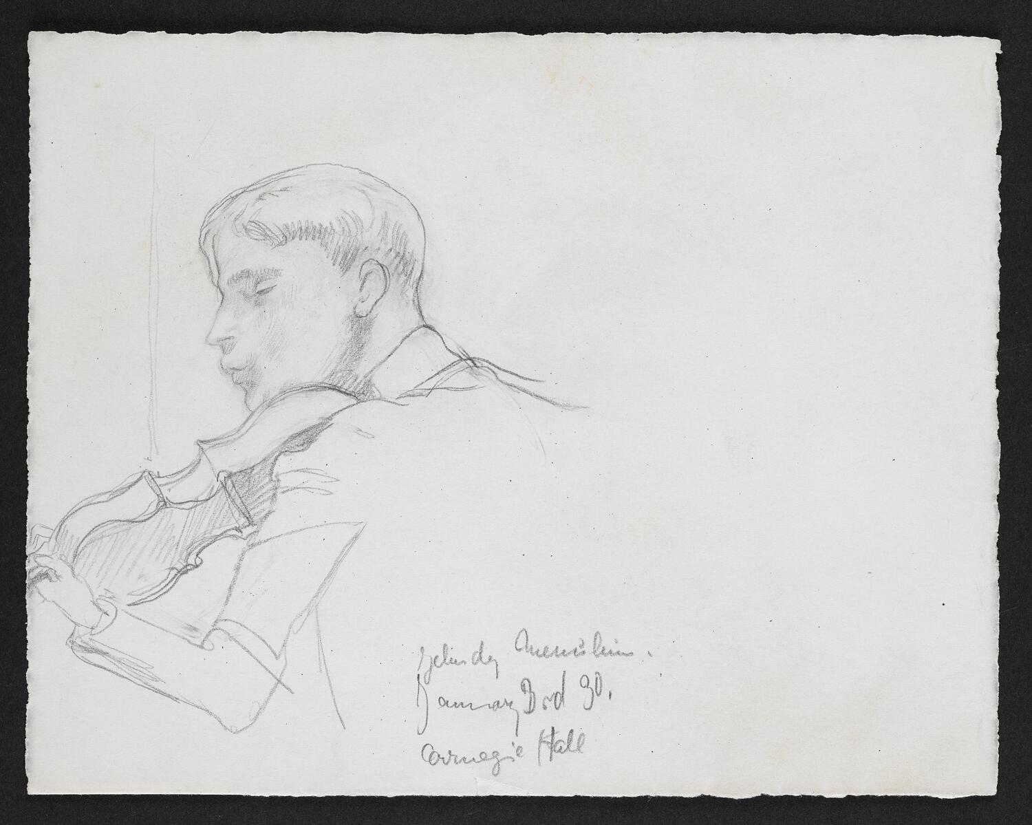 Sketch of Yehudi Menuhin playing the violin, in profile facing left