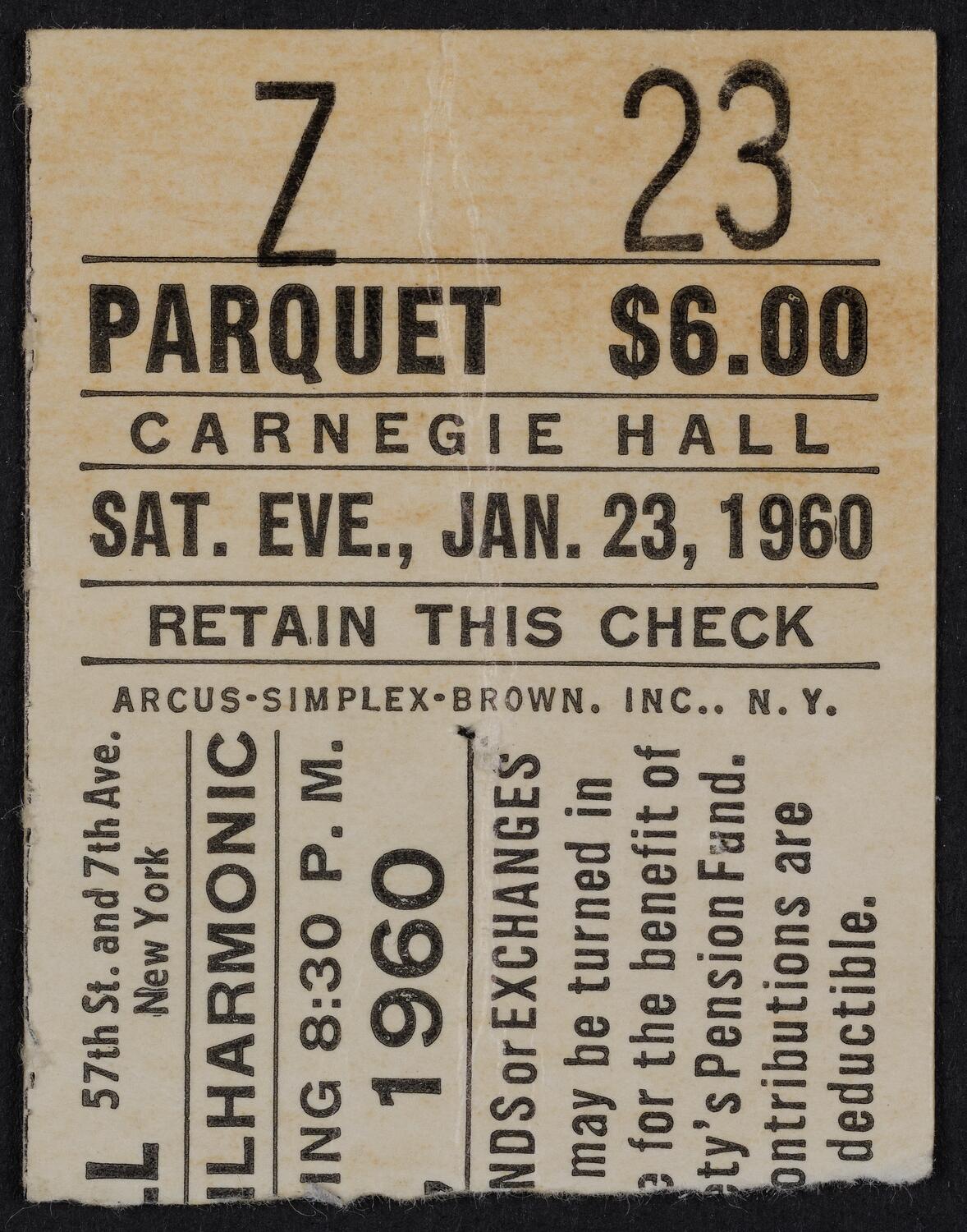 Ticket for New York Philharmonic, January 23, 1960 (front)