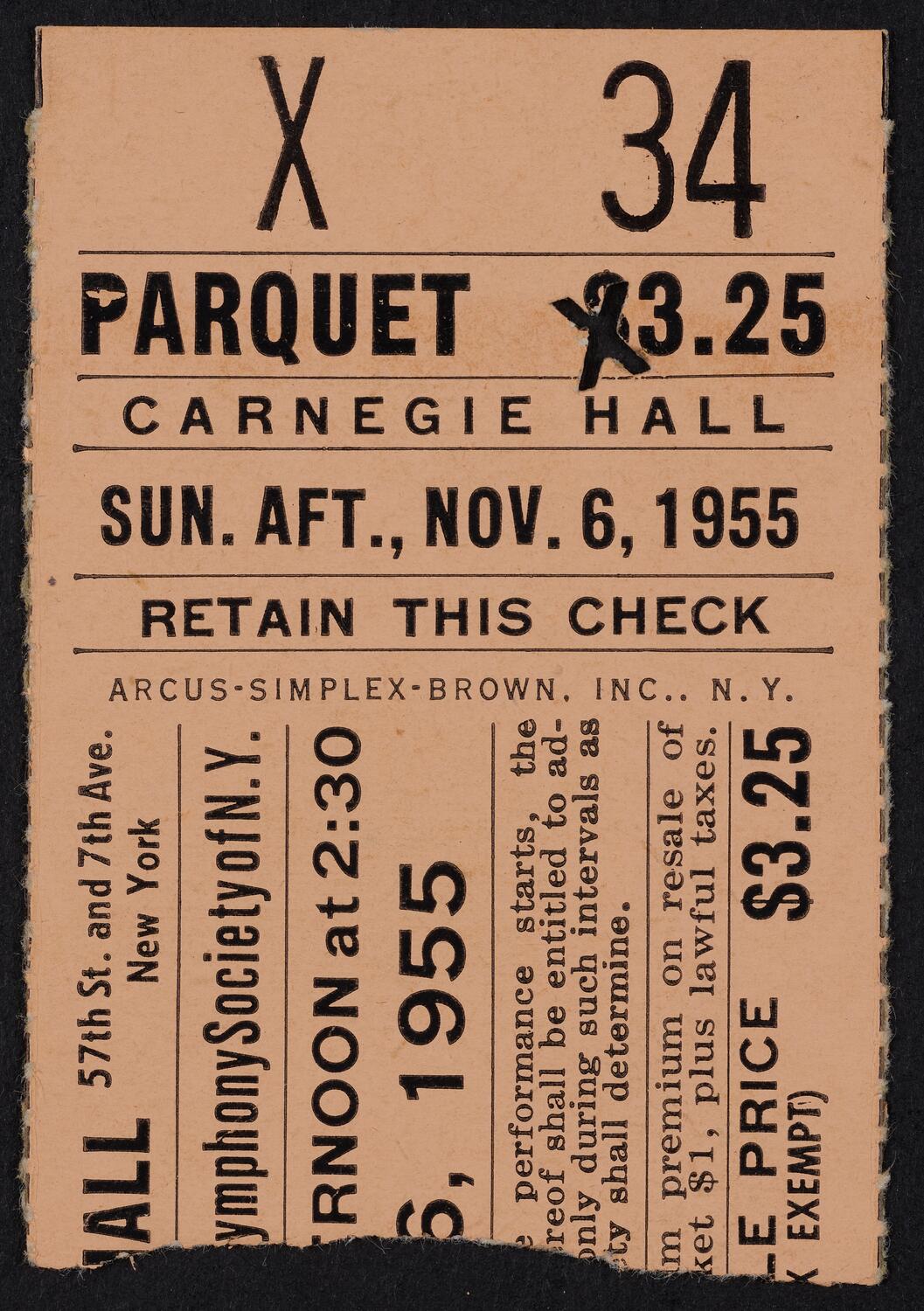 Ticket for Philharmonic-Symphony Society of New York, November 6, 1955 (front)