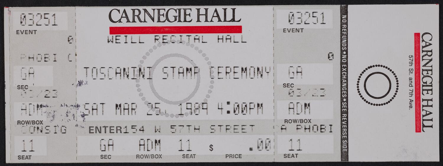 Ticket for Toscanini Stamp Ceremony, March 25, 1989 (front)