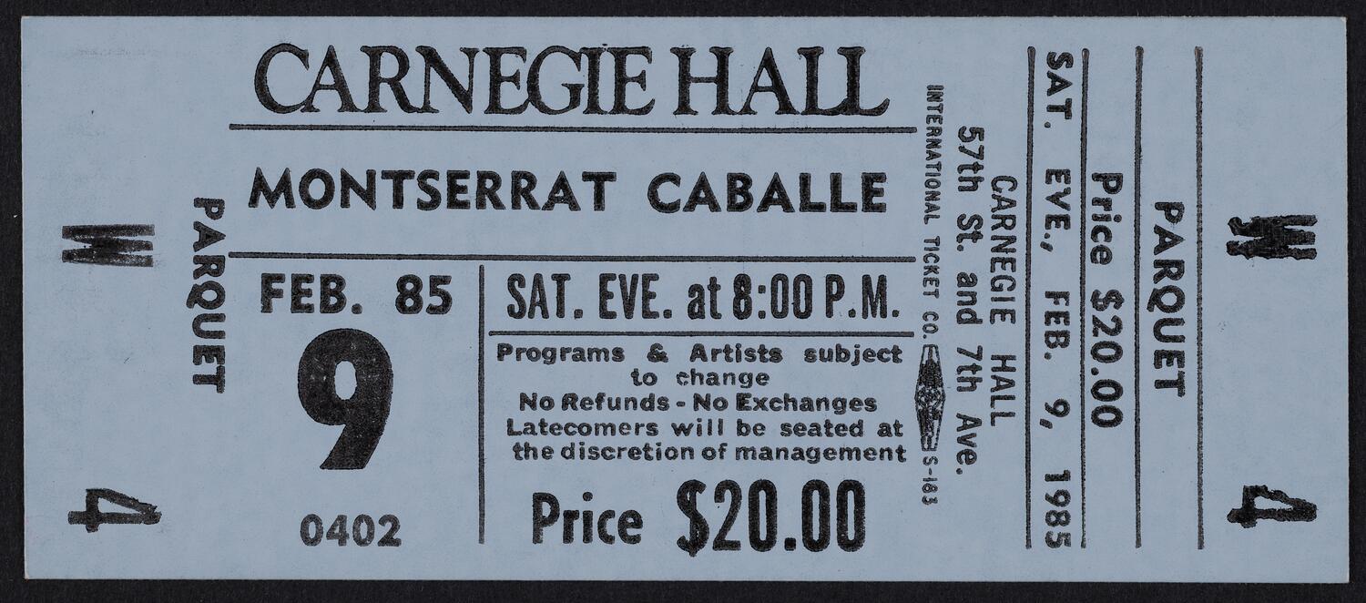 Ticket for Montserrat Caballé, February 9, 1985 (front)