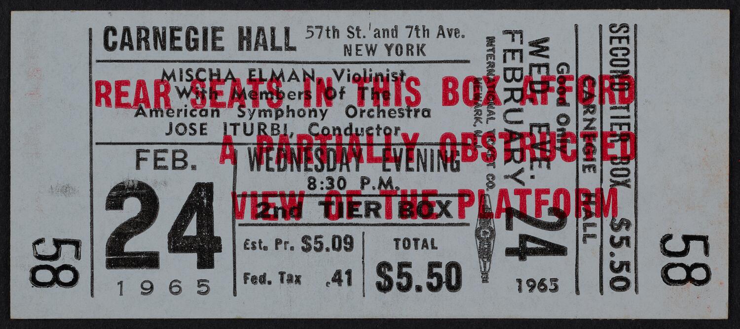 Ticket for Mischa Elman with members of the American Symphony Orchestra, February 24, 1965 (front)
