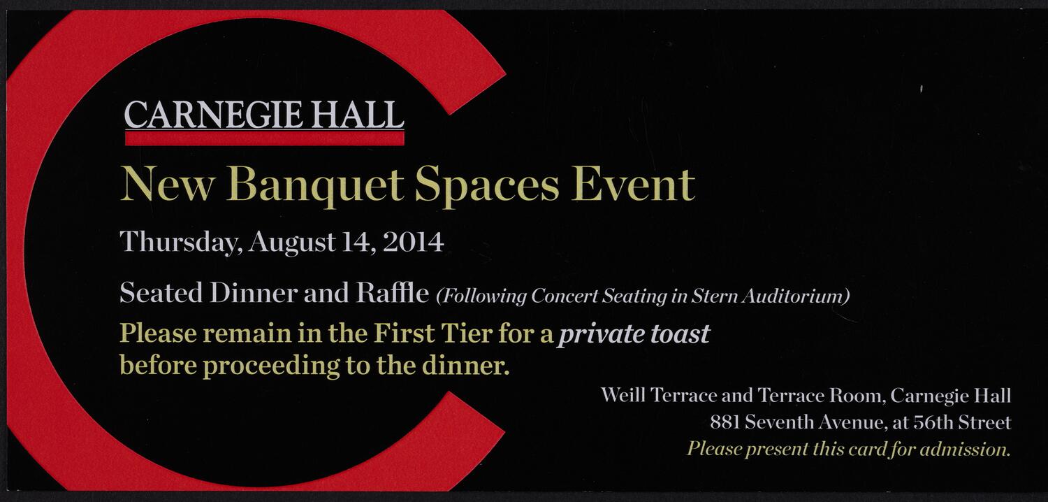 Ticket for New Banquet Spaces Event: Seated Dinner and Raffle, August 14, 2014 (front)