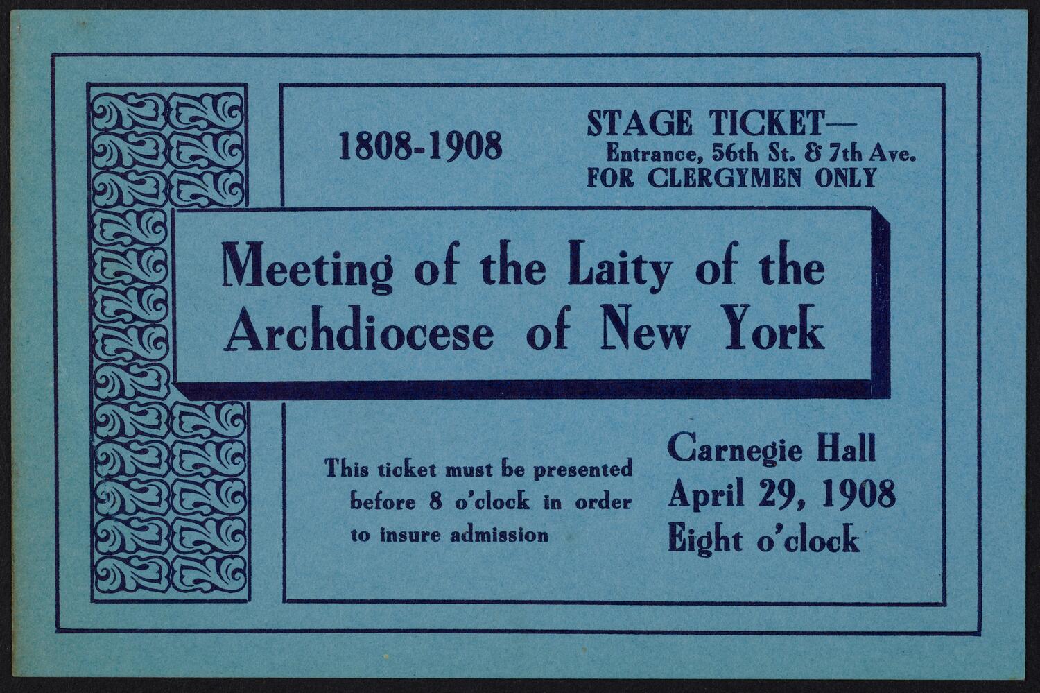Ticket for Meeting of the Laity of the Archdiocese of New York, April 29, 1908 (front)