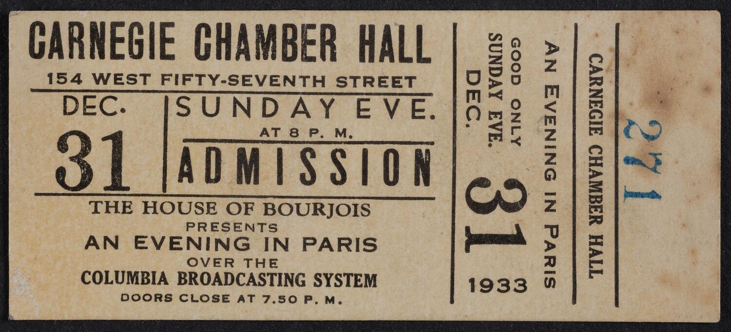 Ticket for The House Of Bourjois presents: An Evening In Paris, December 31, 1933 (front)