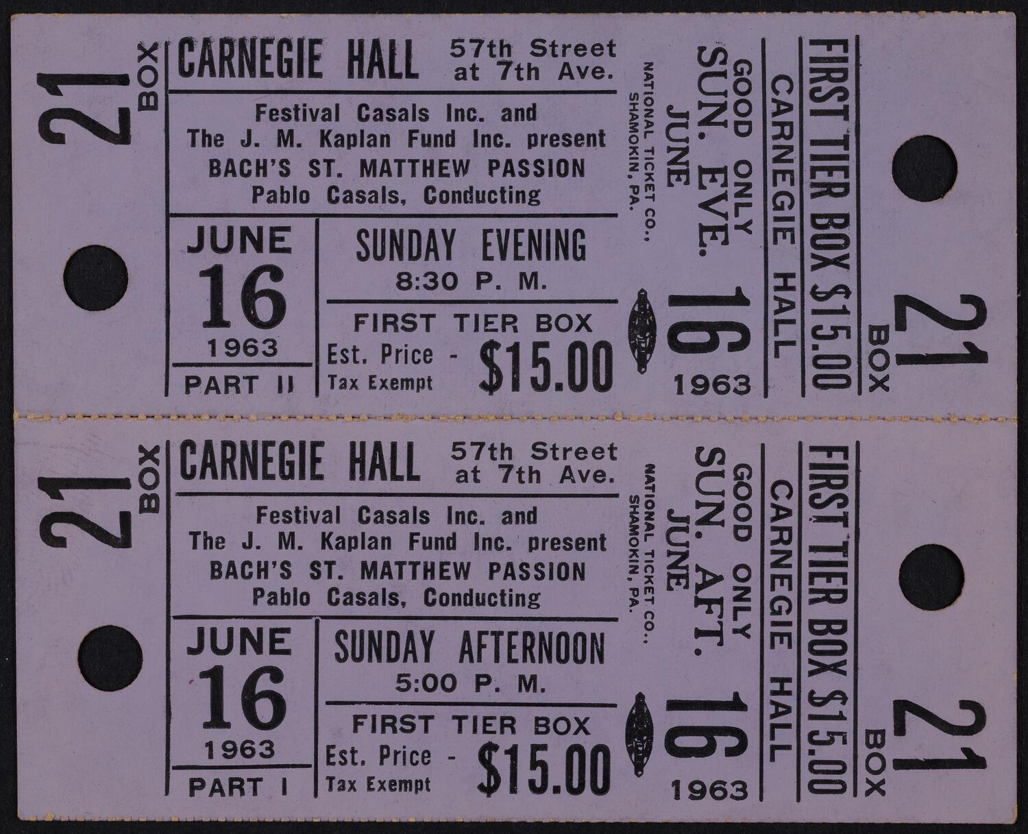 Tickets for Bach's St. Matthew Passion, June 16, 1963 (front)