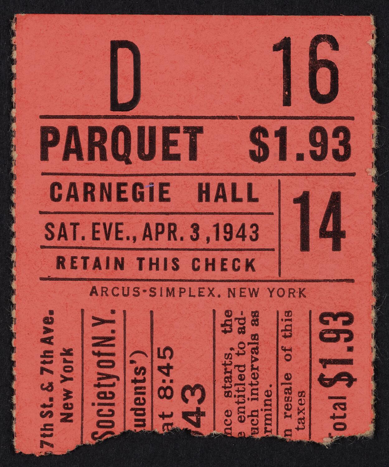 Ticket for Philharmonic Symphony Society of New York, April 3, 1943 (front)