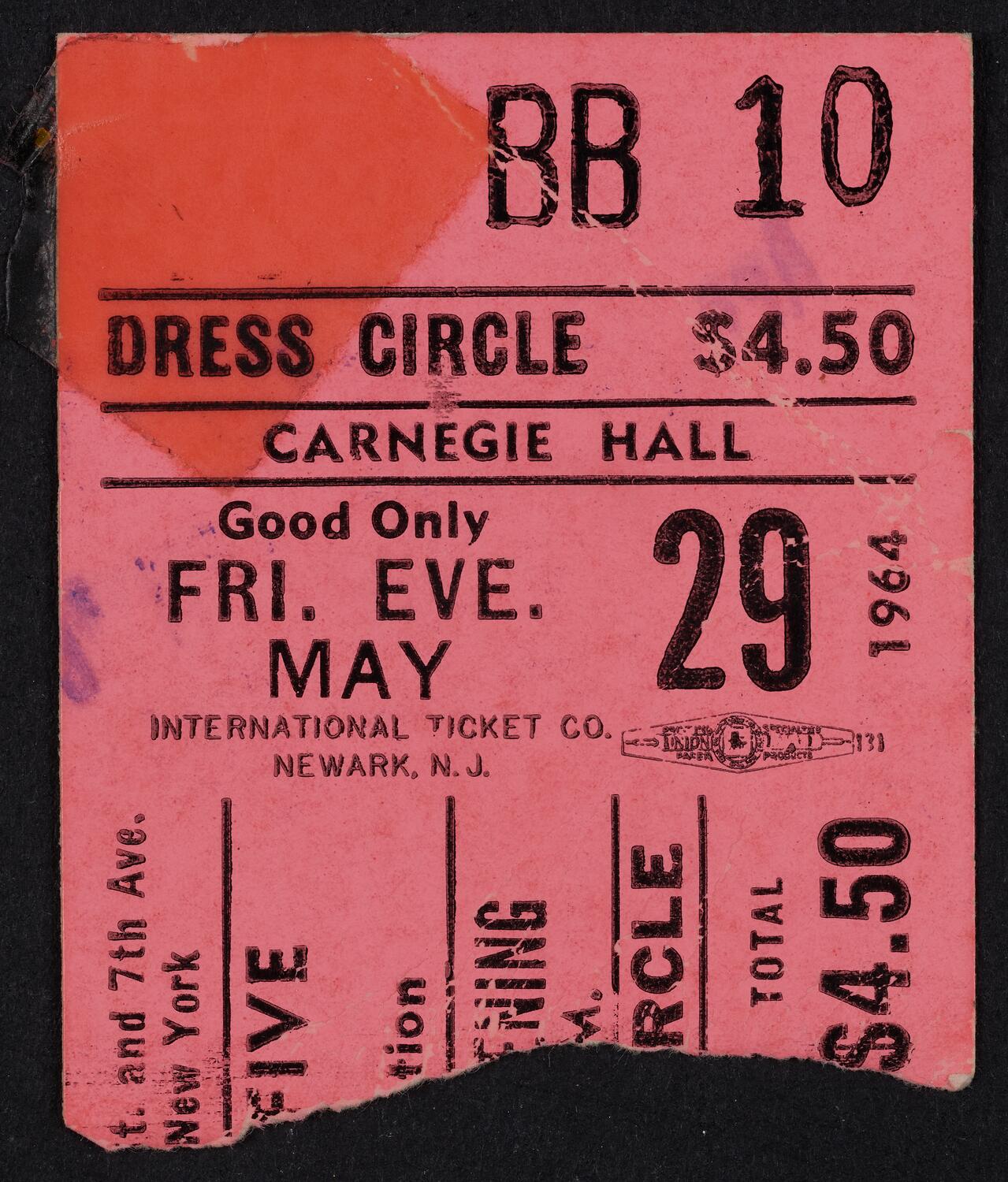 Ticket for Dave Clark Five, May 29, 1964 (front)