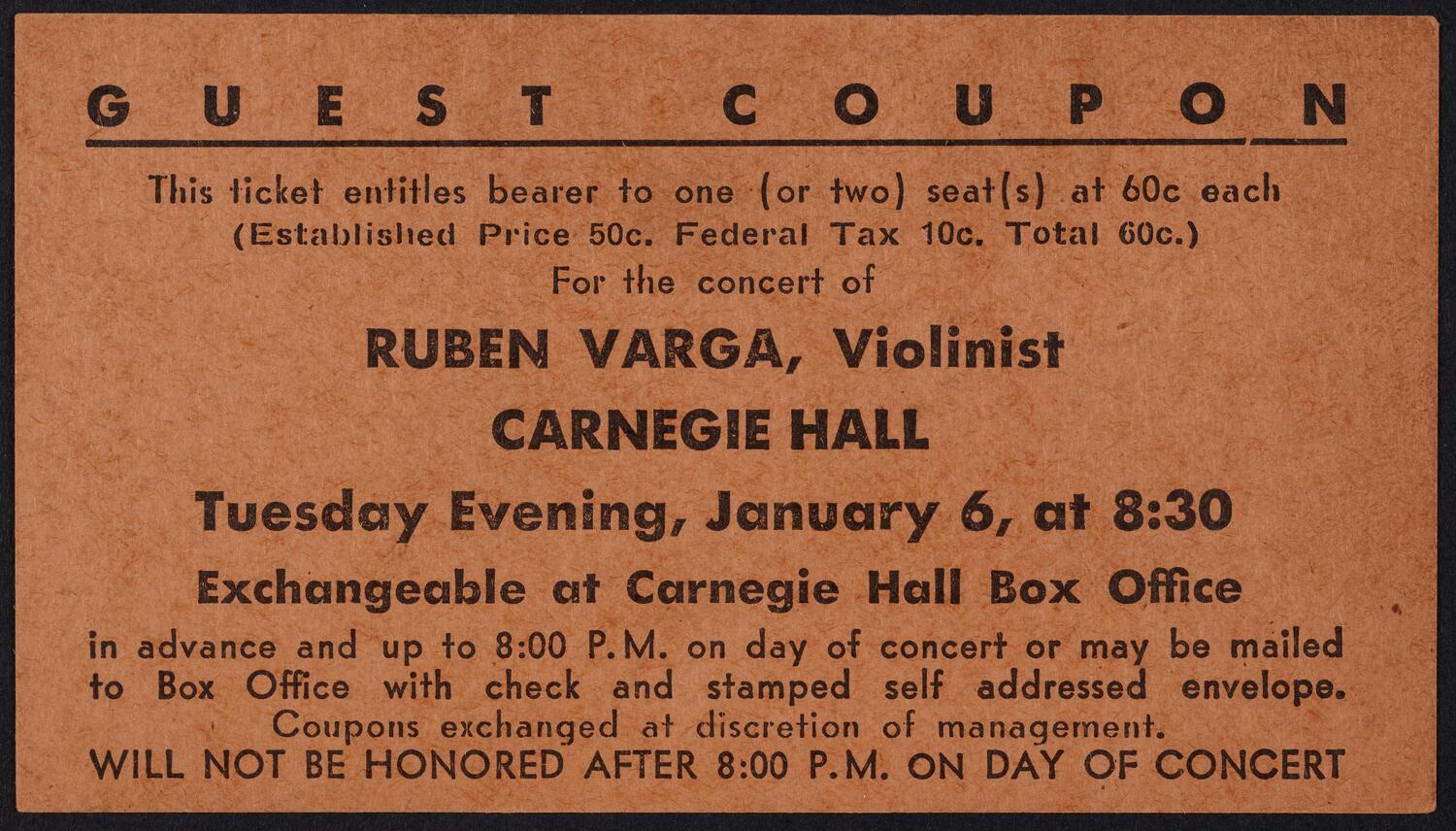 Ticket for Ruben Varga, January 6, 1953 (front)