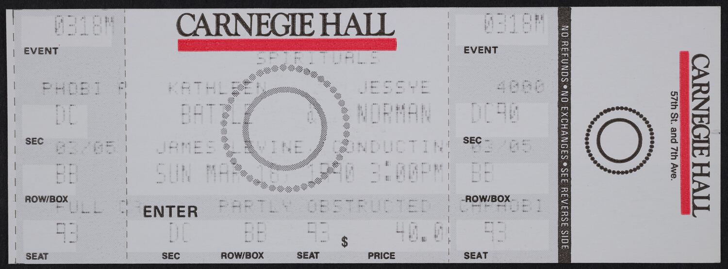 Ticket for Spirituals: Kathleen Battle and Jessye Norman, March 18, 1990 (front)
