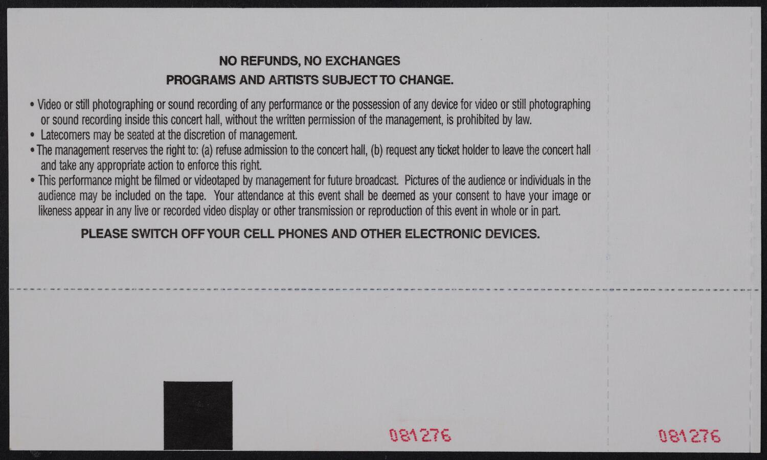 Ticket for Arthur Zankel: In Loving Memory, December 5, 2005 (back)