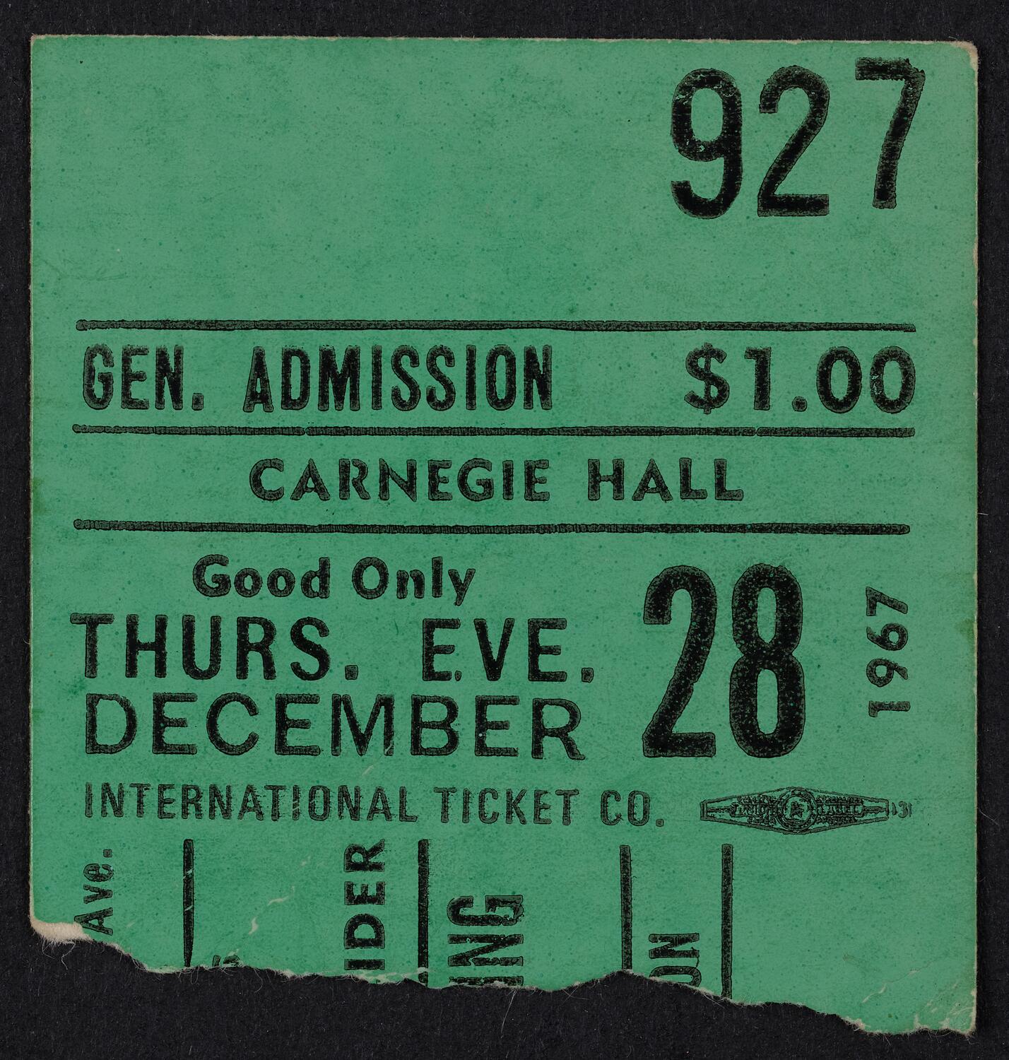 Ticket for New School Concerts: Chamber Orchestra, December 28, 1967 (front)