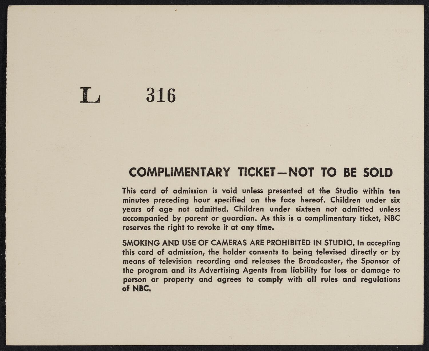 Personal Admission Card for the NBC Symphony Orchestra, December 27, 1952 (back)