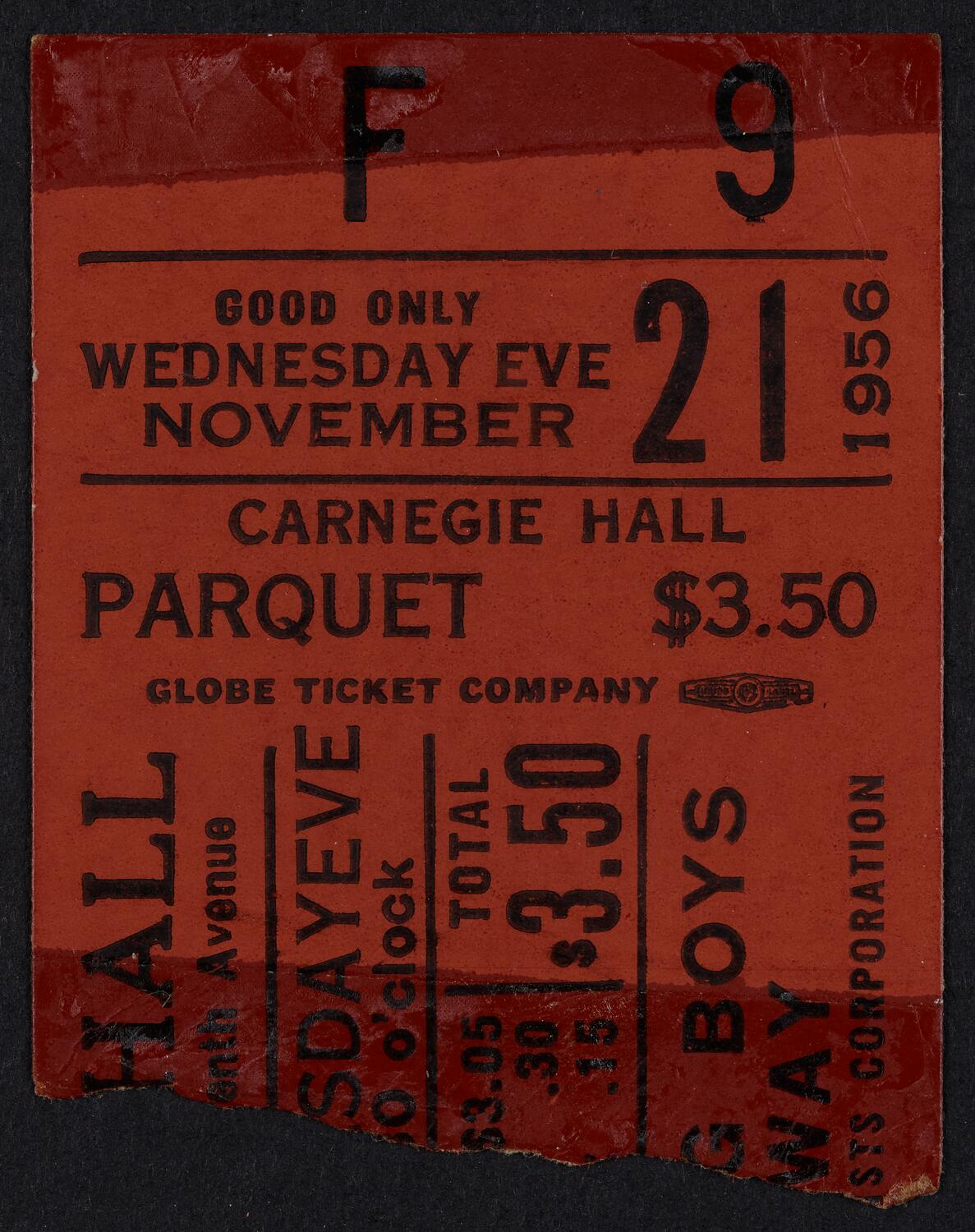 Ticket for Singing Boys of Norway, November 21, 1956 (front)