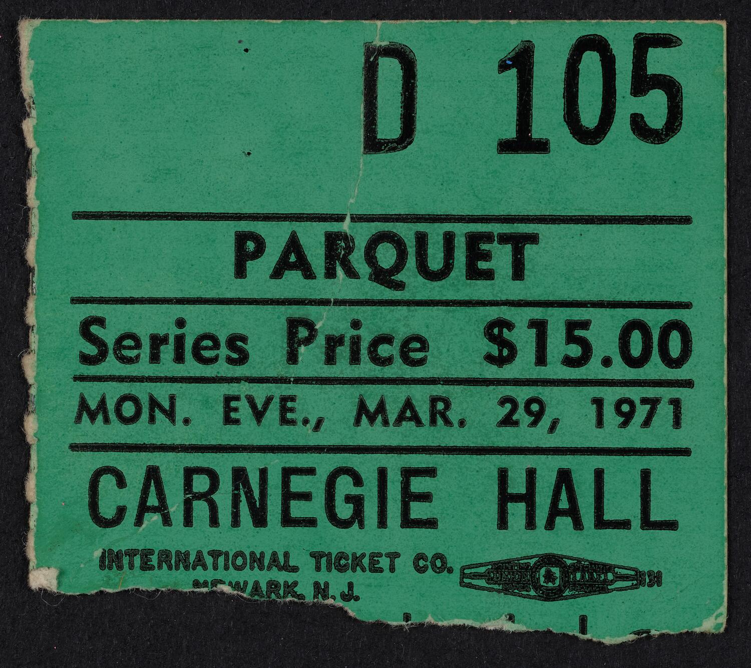Ticket for Handel Society of New York, March 29, 1971 (front)
