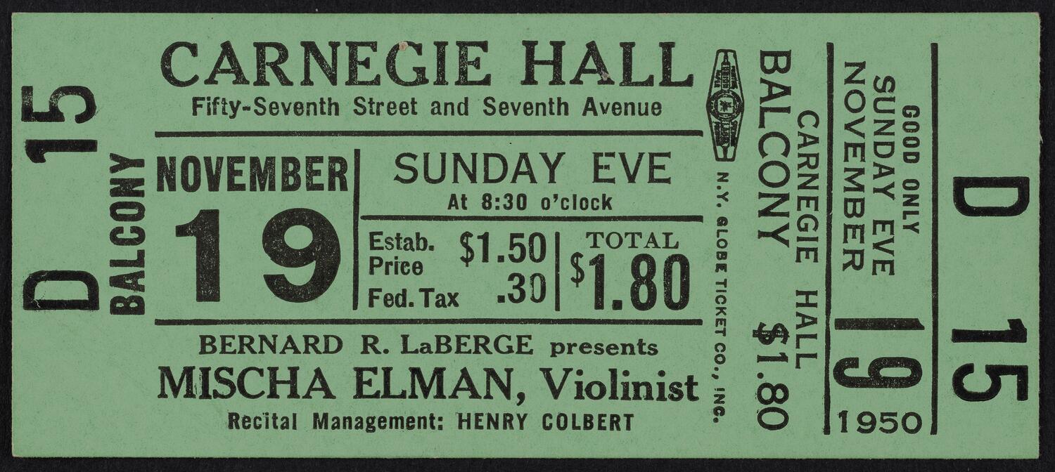 Ticket for Mischa Elman, November 19, 1950 (front)