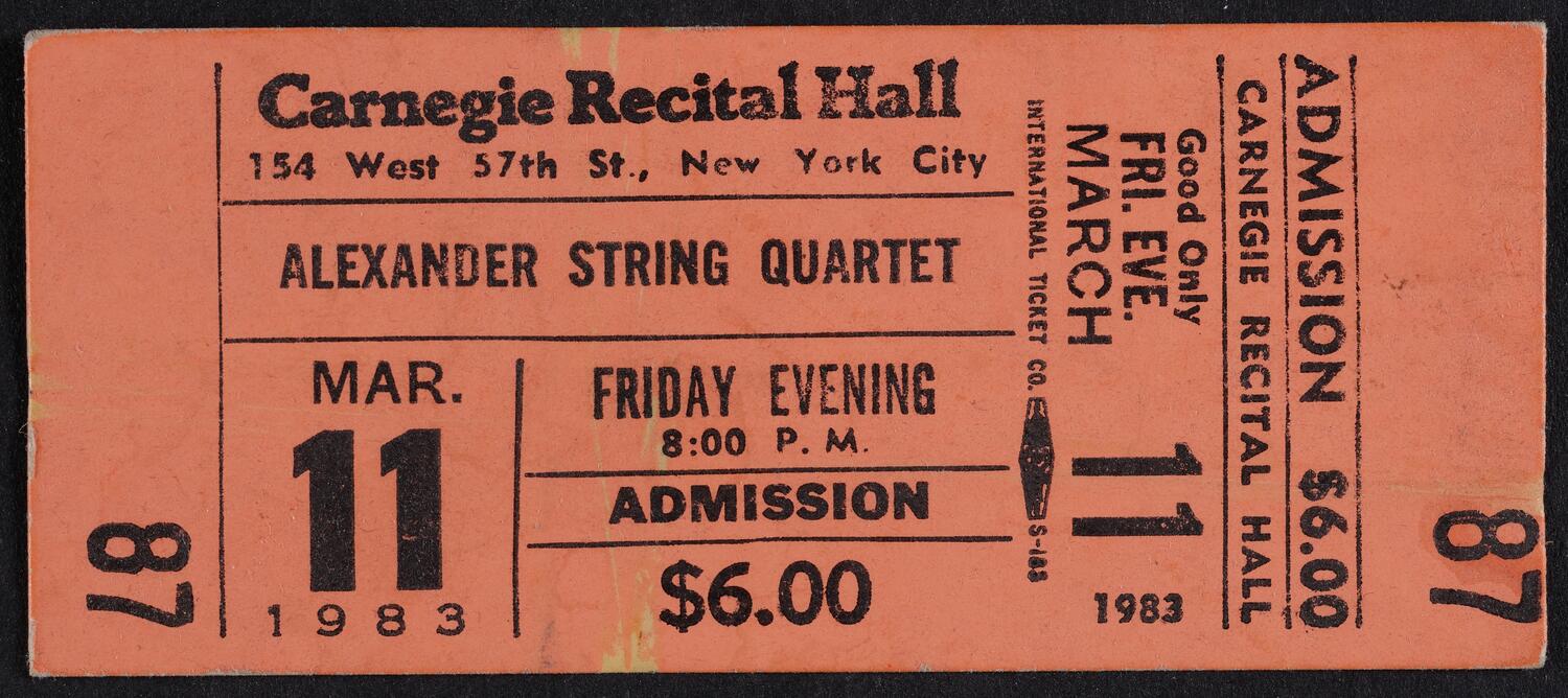 Ticket for Alexander String Quartet, March 11, 1983 (front)