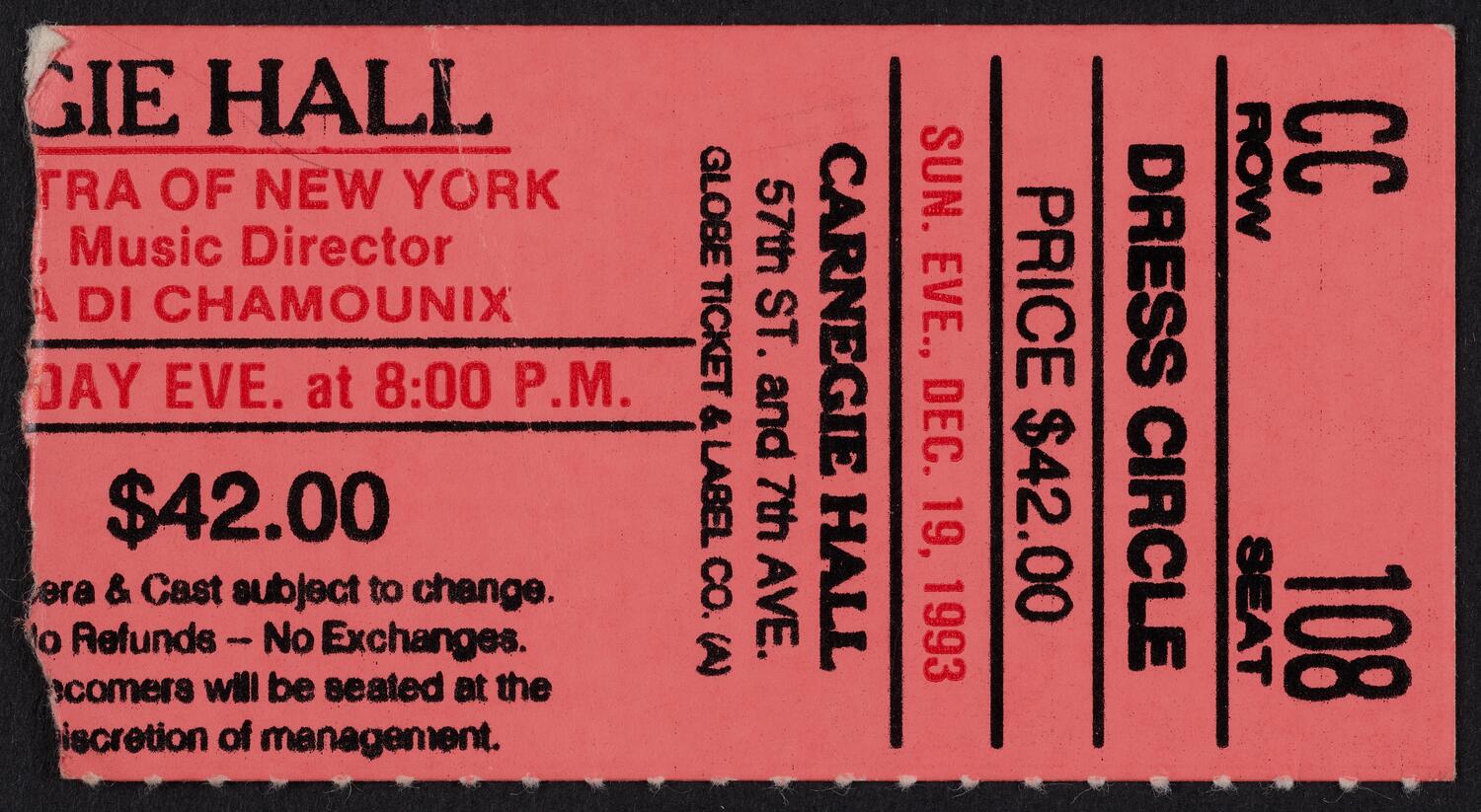 Ticket for Opera Orchestra of New York, December 19, 1993 (front)