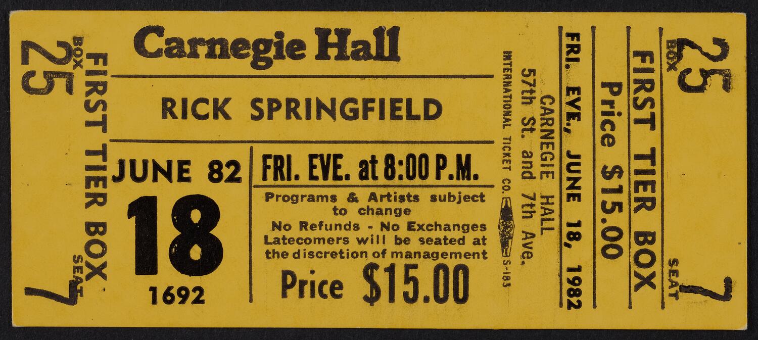 Ticket for Rick Springfield, June 18, 1982 (front)