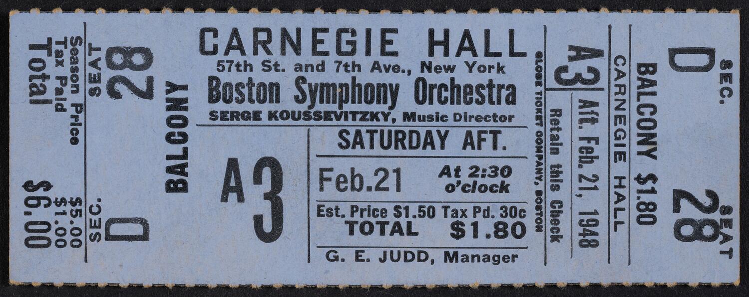 Ticket for Boston Symphony Orchestra, February 21, 1948 (front)