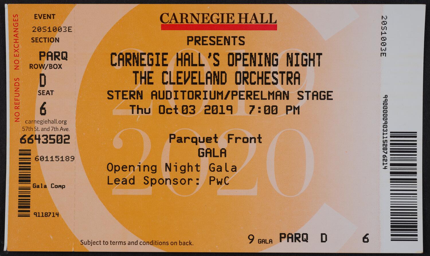 Ticket for Carnegie Hall's Opening Night: The Cleveland Orchestra, October 3, 2019 (front)