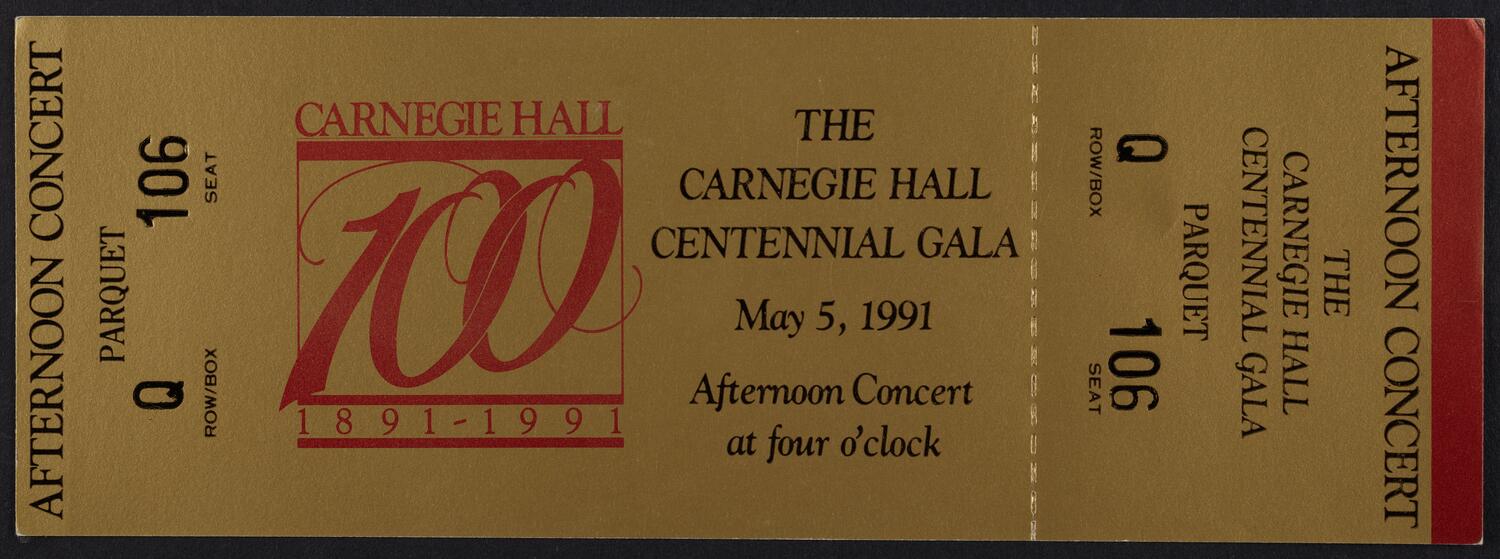 Ticket for the Carnegie Hall Centennial Gala, May 5, 1991 (front)