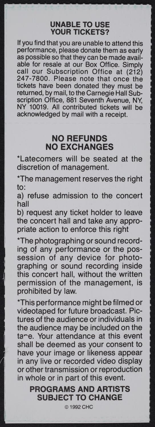Ticket for Metropolitan Opera Orchestra, May 9, 1993 (back)