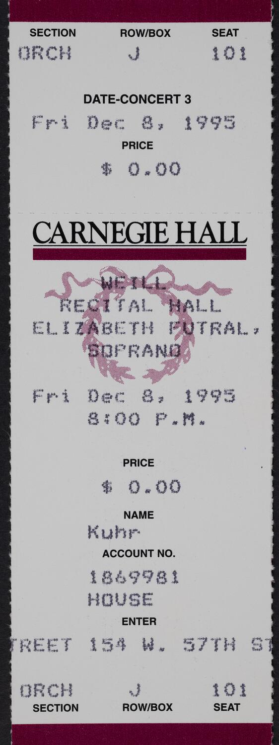 Ticket for Elizabeth Futral, December 8, 1995 (front)