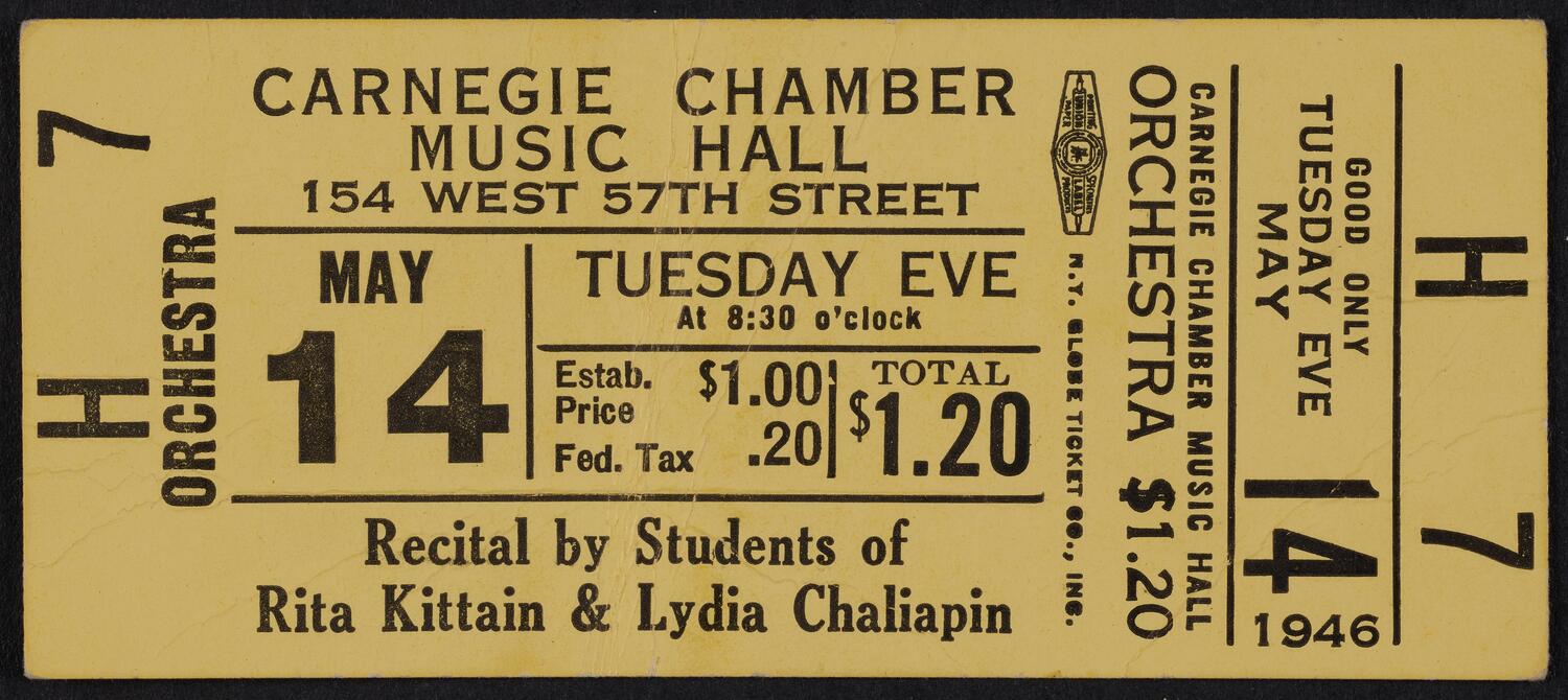 Ticket for Recital of Students of Rita Kittain & Lydia Chaliapin, May 14, 1946 (front)