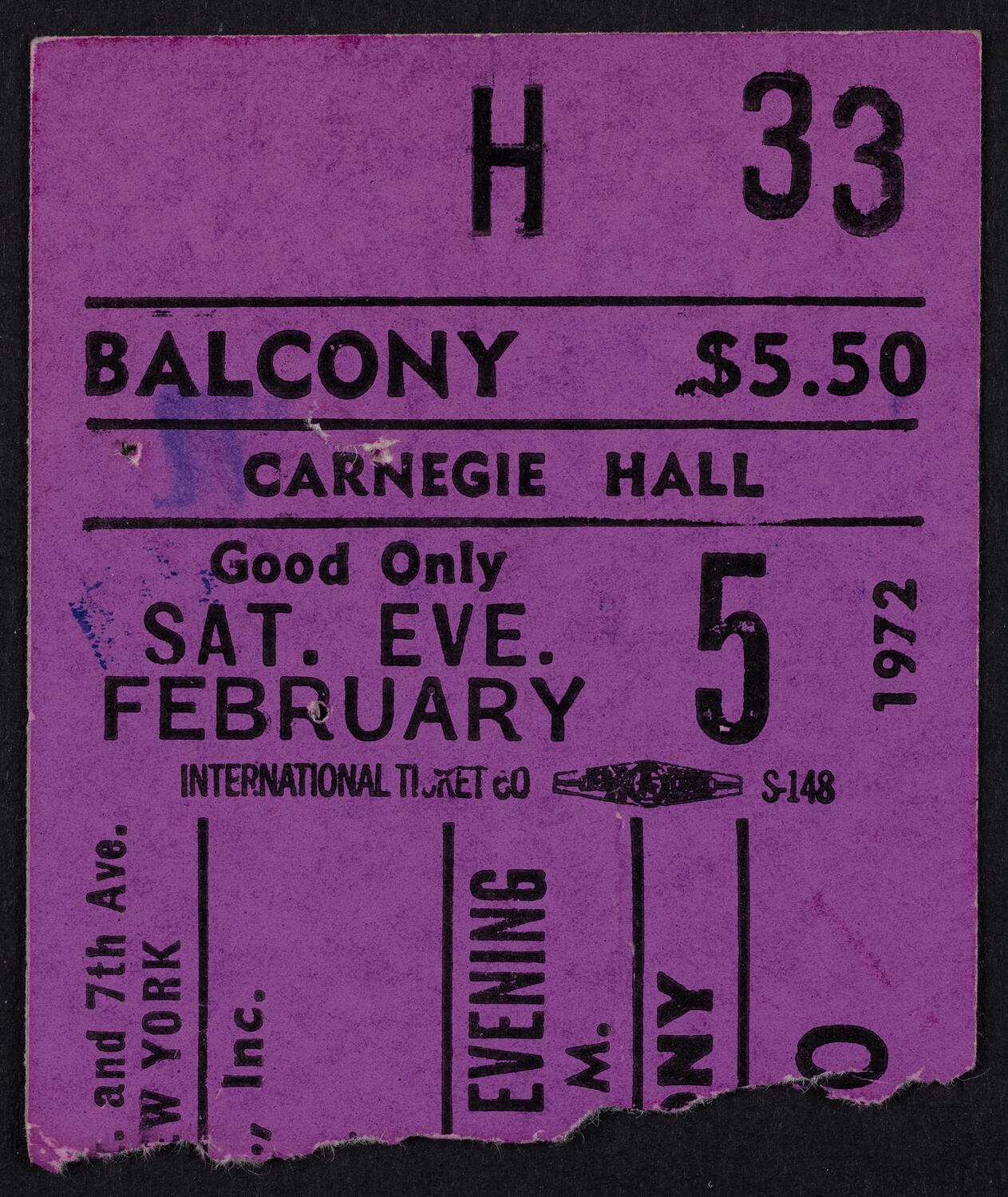 Ticket for Jim Bailey, February 5, 1972 (front)
