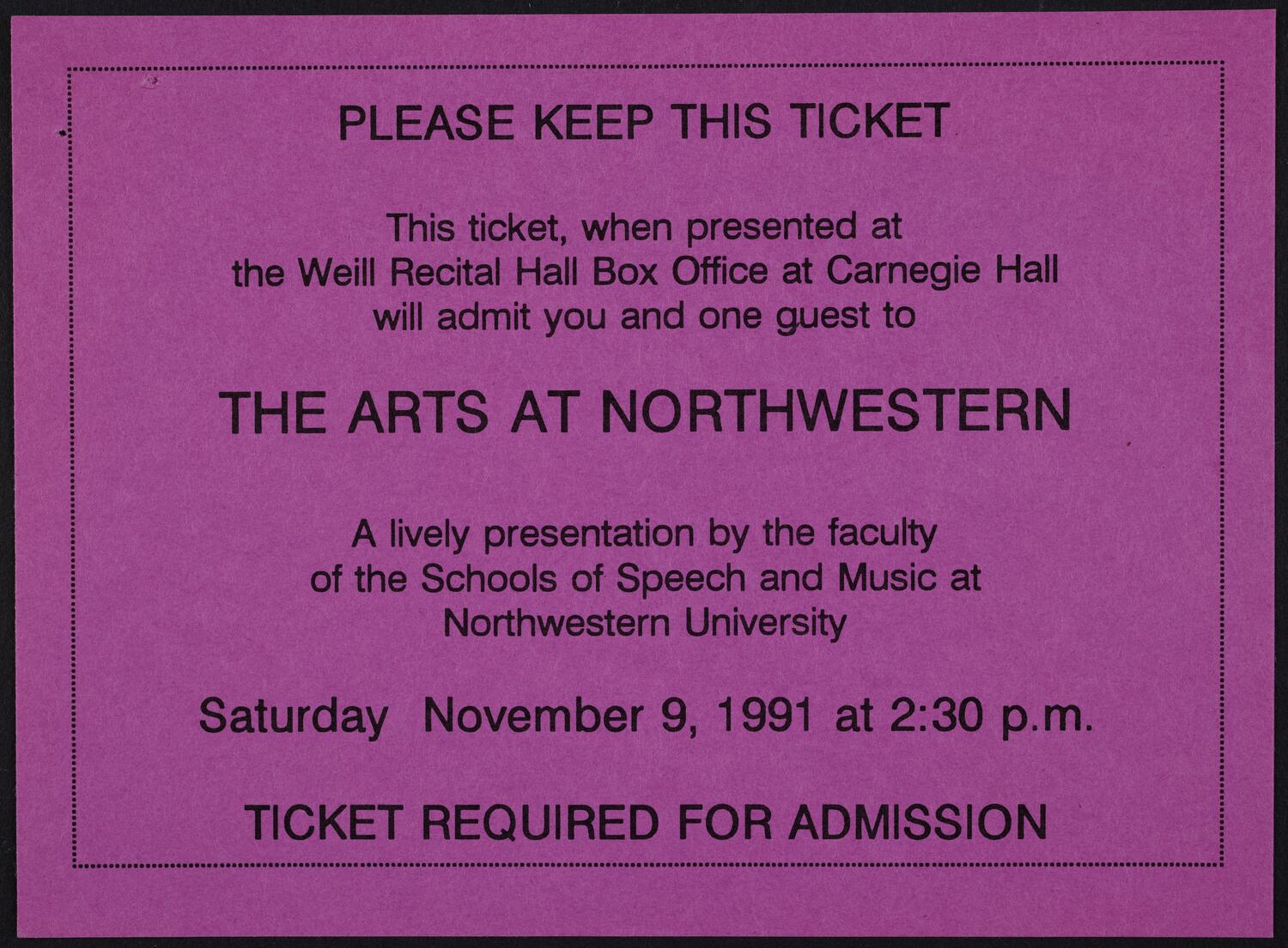 Ticket for Arts at Northwestern, November 9, 1991 (front)