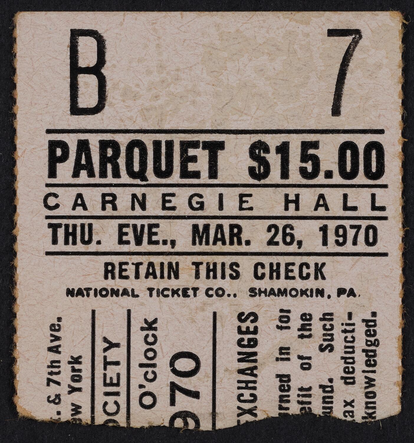 Ticket for American Opera Society, March 26, 1970 (front)
