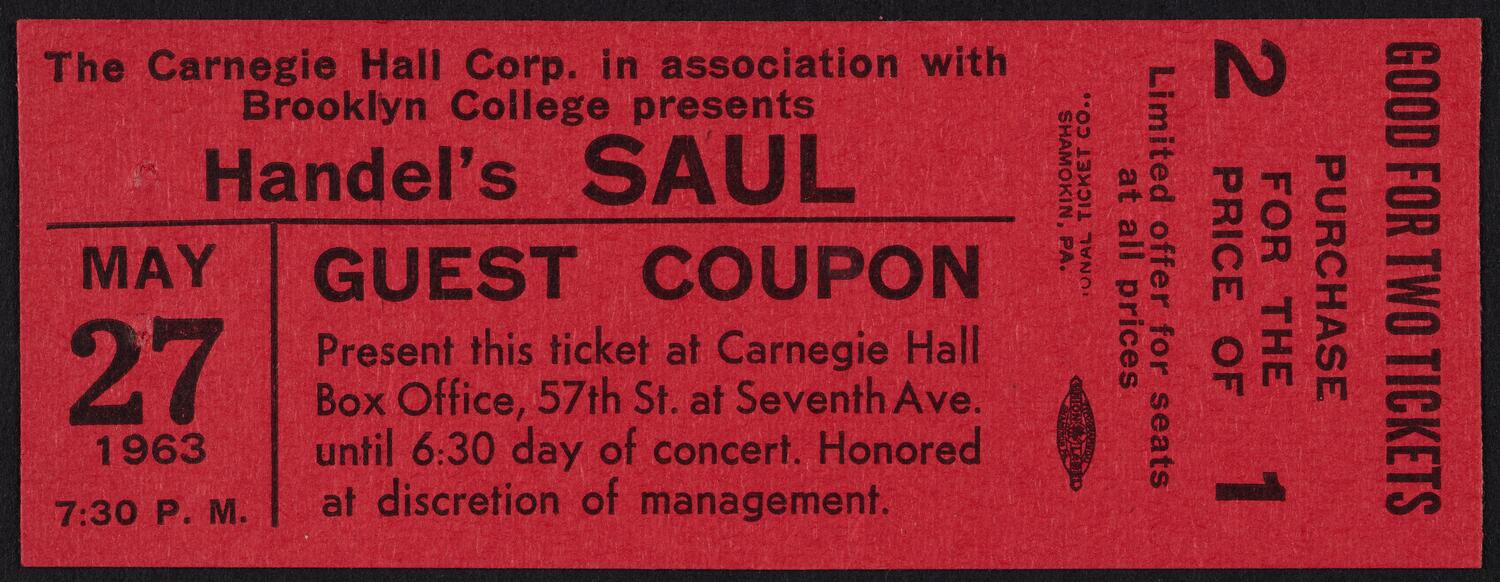 Ticket for Handel's Saul, May 27, 1963 (front)