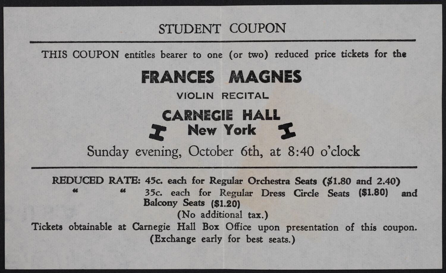 Student Coupon for Frances Magnes, October 6, 1946 (front)