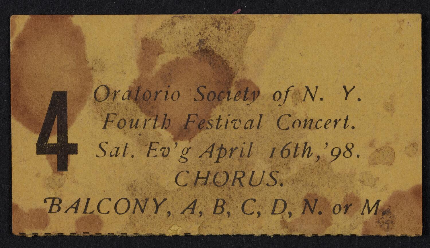 Ticket for Oratorio Society of New York: Fourth Festival Concert, April 16, 1898 (front)