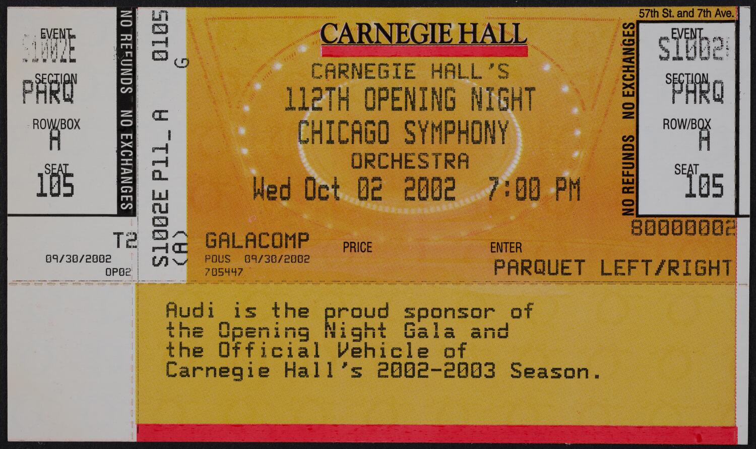 Ticket for Carnegie Hall's 112th Opening Night: Chicago Symphony Orchestra, October 2, 2002 (front)