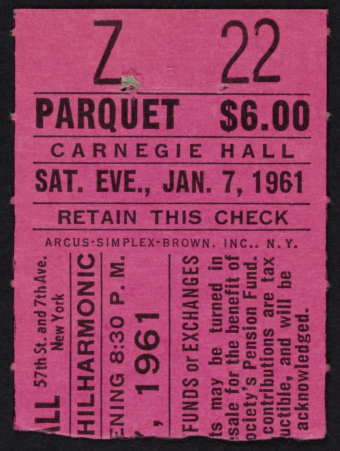 Ticket for New York Philharmonic, January 7, 1961 (front)