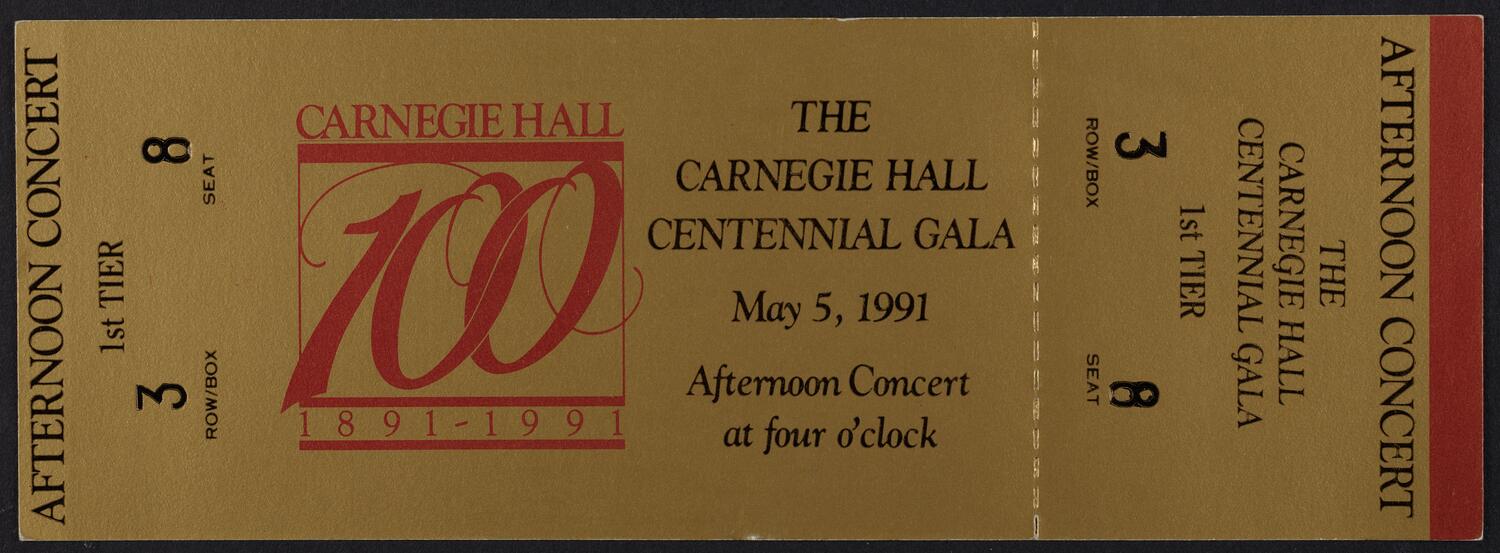 Ticket for the Carnegie Hall Centennial Gala, May 5, 1991 (front)