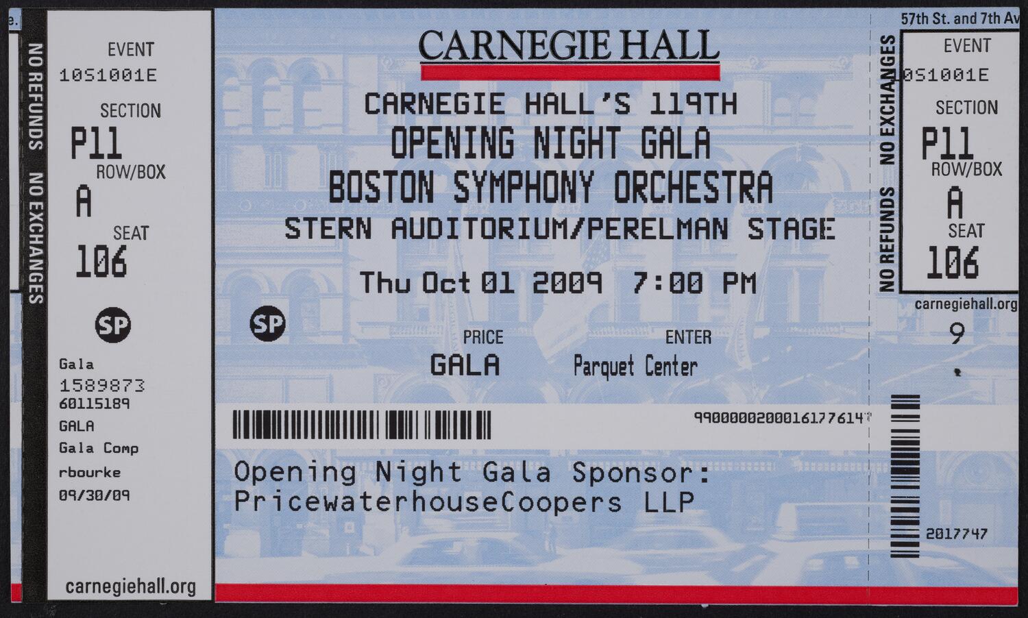 Ticket for Carnegie Hall's 119th Opening Night Gala: Boston Symphony Orchestra, October 1, 2009 (front)