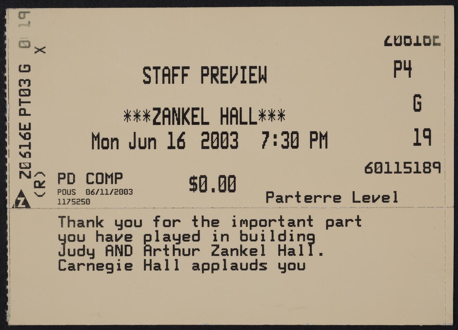 Ticket for Zankel Hall Staff Preview Concert, June 16, 2003 (front)