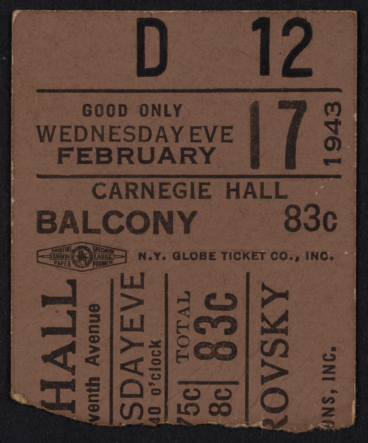 Ticket for Alexander Borovsky, February 17, 1943 (front)